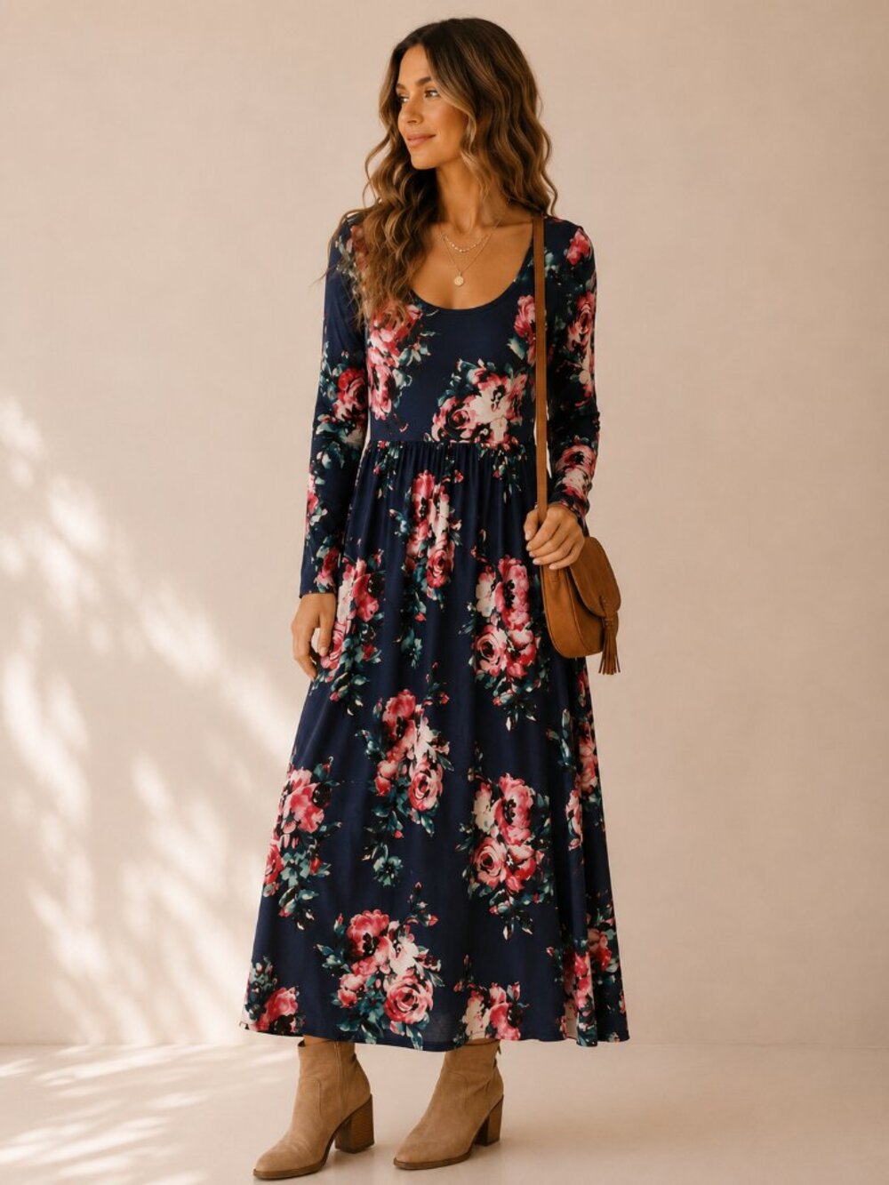 Navy Floral Maxi Dress Small Cottagecore Long Sleeve Boho Romantic Fall Dress